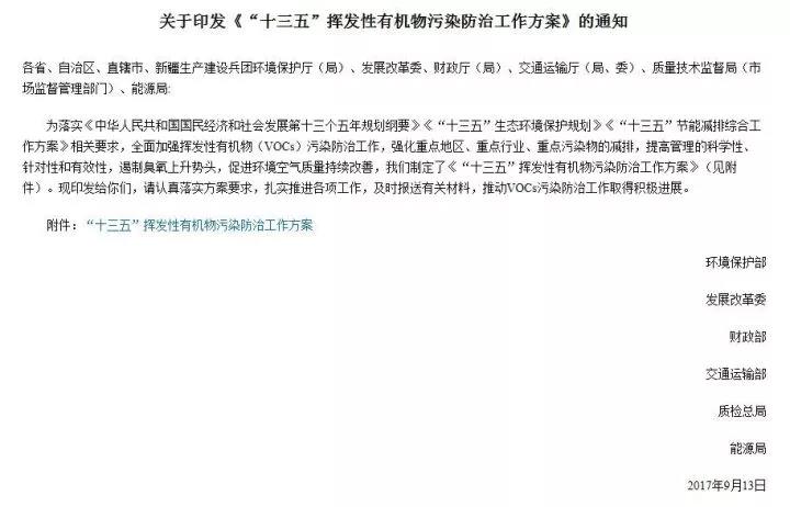 【政策动态】关于印发《“十三五”挥发性有机物污染防治工作方案》的通知