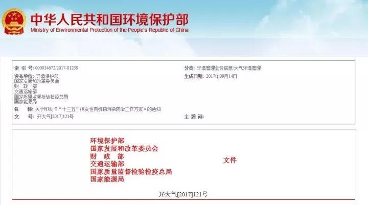 【政策动态】关于印发《“十三五”挥发性有机物污染防治工作方案》的通知
